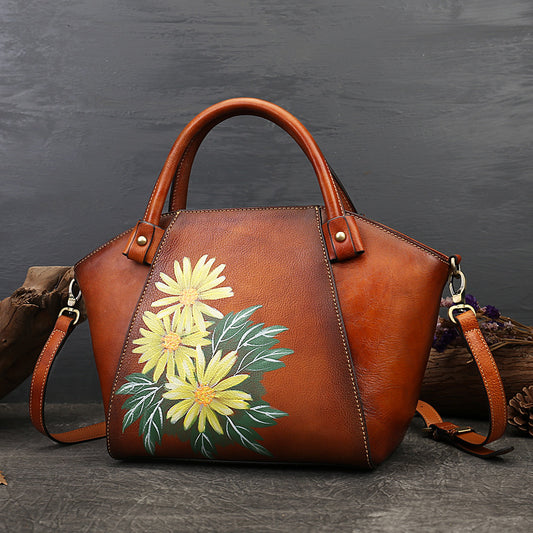 Pure Leather Retro Hand-painted Tote Bag First Layer Cowhide